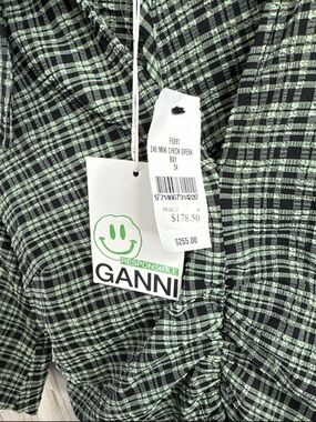 Ganni Mint Green and Black Checked Mini Dress